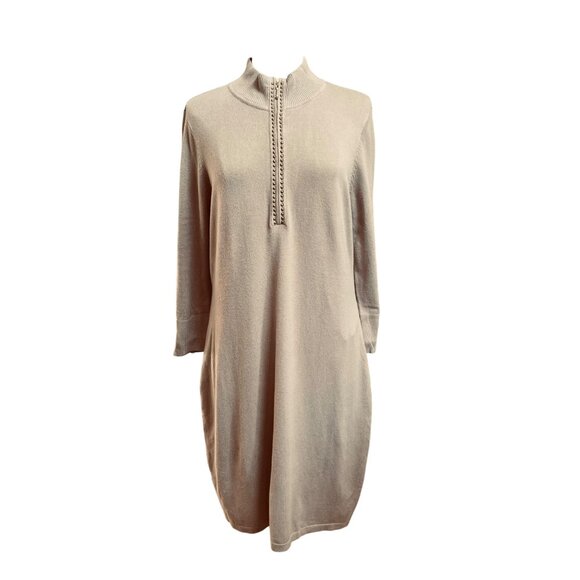 Calvin Klein Womens‎ Tan Long Sleeve Sweater Dress Knee Studded Half-Zip Size XL - Picture 1 of 9